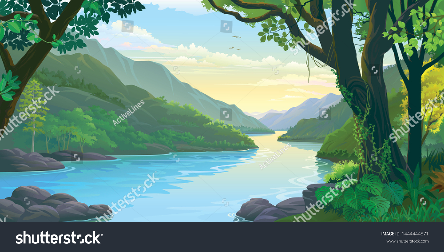 Natural window view of the river flowing calmly across dense green tropic forest