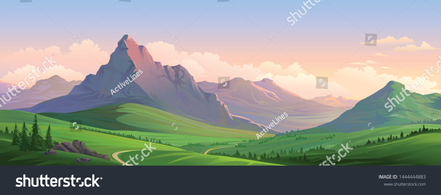 Evening orange mountains of the European alps