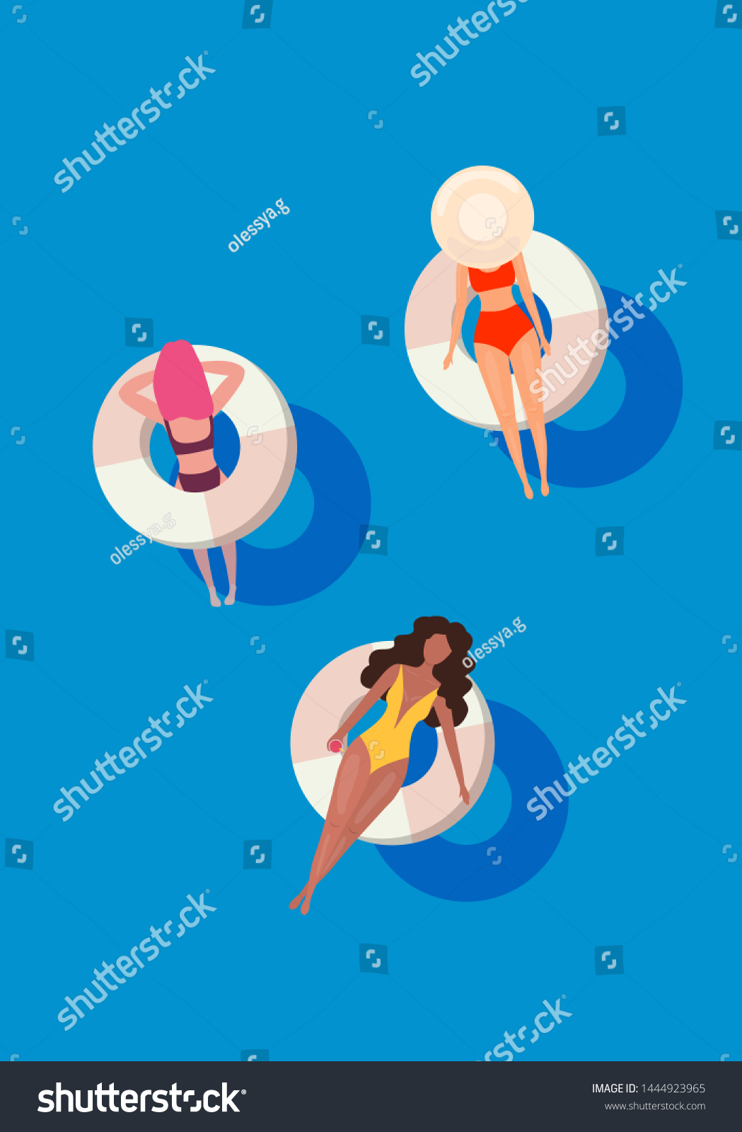Women in swim suits lying on floating swimming pool mattresses. Summer pool party invitation design. Flyer or banner template. Flat design elements, minimalist style. Vector illustration. #1444923965