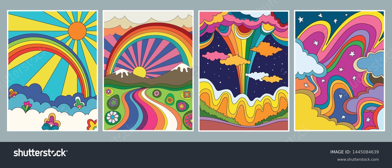 1960s, 1970s Art Style, Colorful Psychedelic Backgrounds, Covers, Posters, Hand Drawn Nature, Hippie Art Style   #1445084639