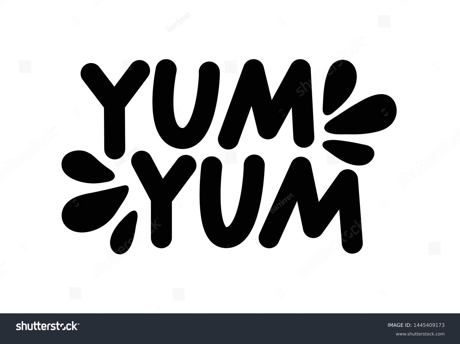 Yum Yum text. Only one single word. Printable graphic tee. Design doodle for print. Vector illustration. Colorful. Cartoon hand drawn calligraphy style. Black and white #1445409173