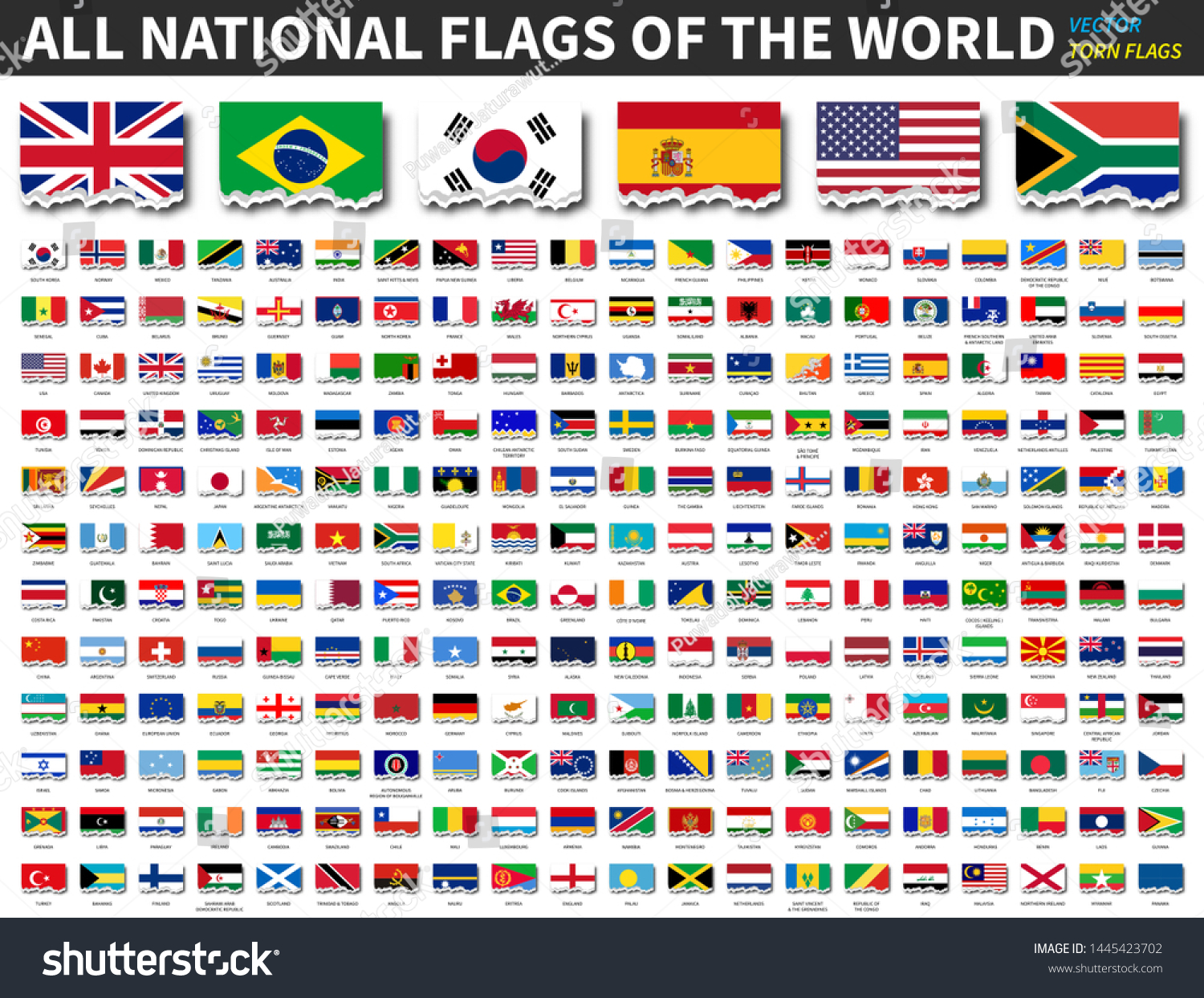 All national flags of the world . Torn paper design . Vector . #1445423702