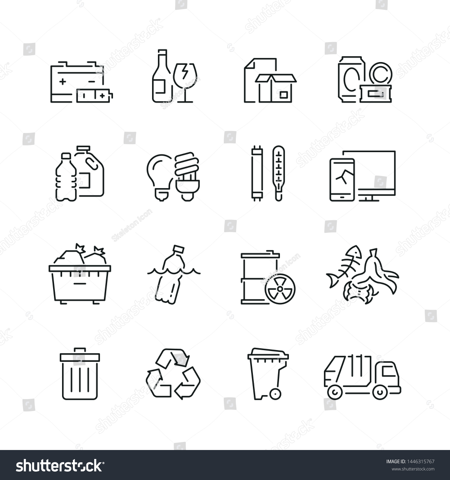 Trash related icons: thin vector icon set, black and white kit #1446315767