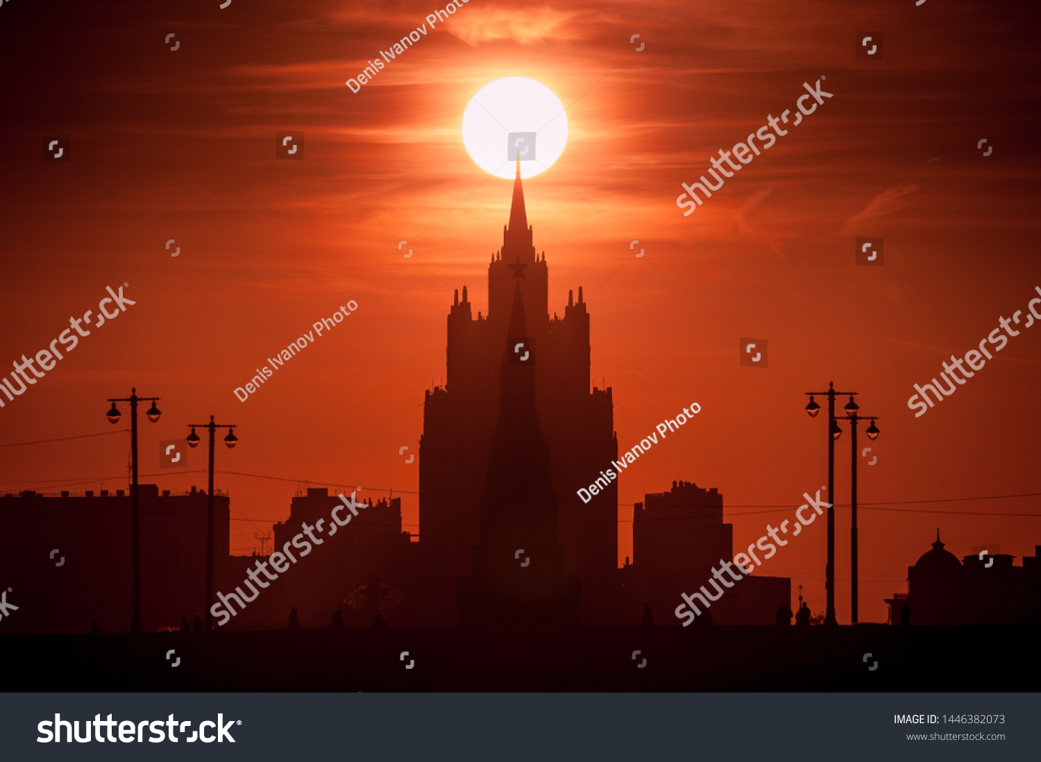 Sunset silhouettes of Kremlin and Ministry of Foreign Affairs of Russia in Moscow, Russia #1446382073
