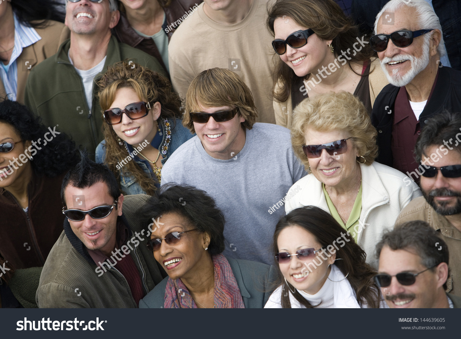 High angle view of happy group of multiethnic people wearing sunglasses #144639605