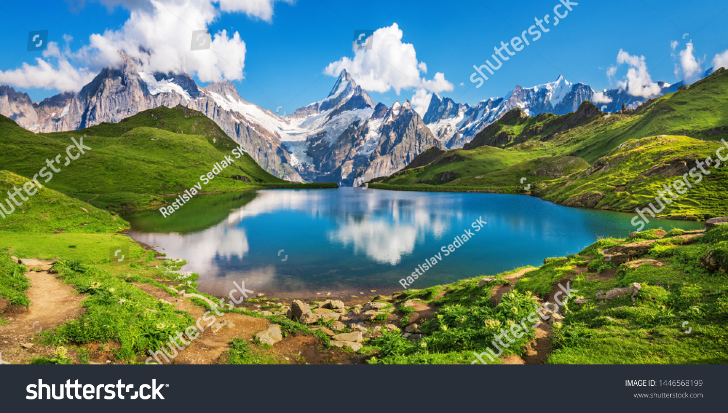 Sunrise  view on Bernese range above Bachalpsee lake. Popular tourist attraction. Location place Swiss alps, Grindelwald valley, Europe.  #1446568199