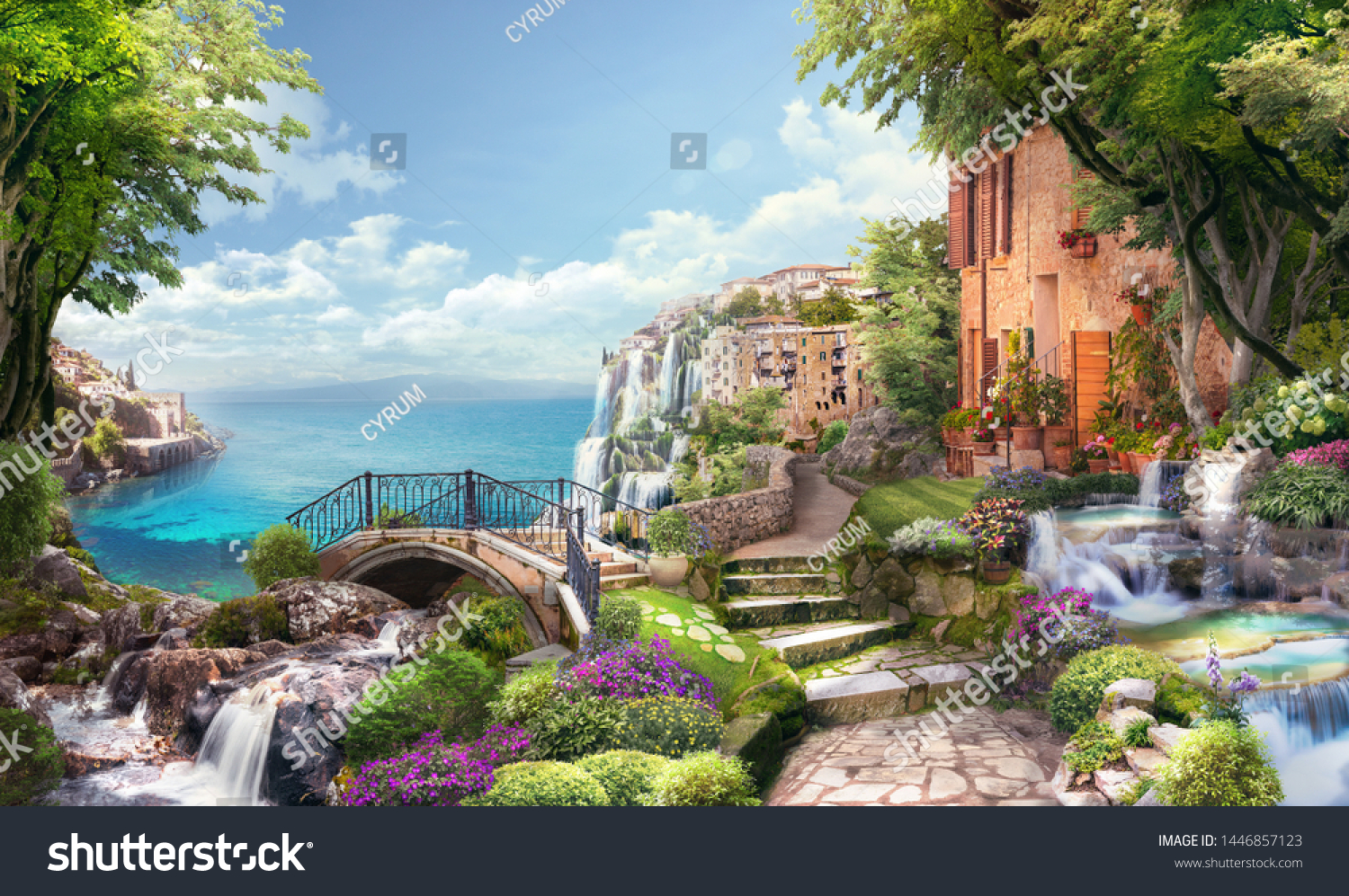 Beautiful collage with access to the sea, the ancient houses of Italy, flowers and waterfalls. Digital collage , mural and fresco. Wallpaper. Poster design. Modular panno. 3d render #1446857123