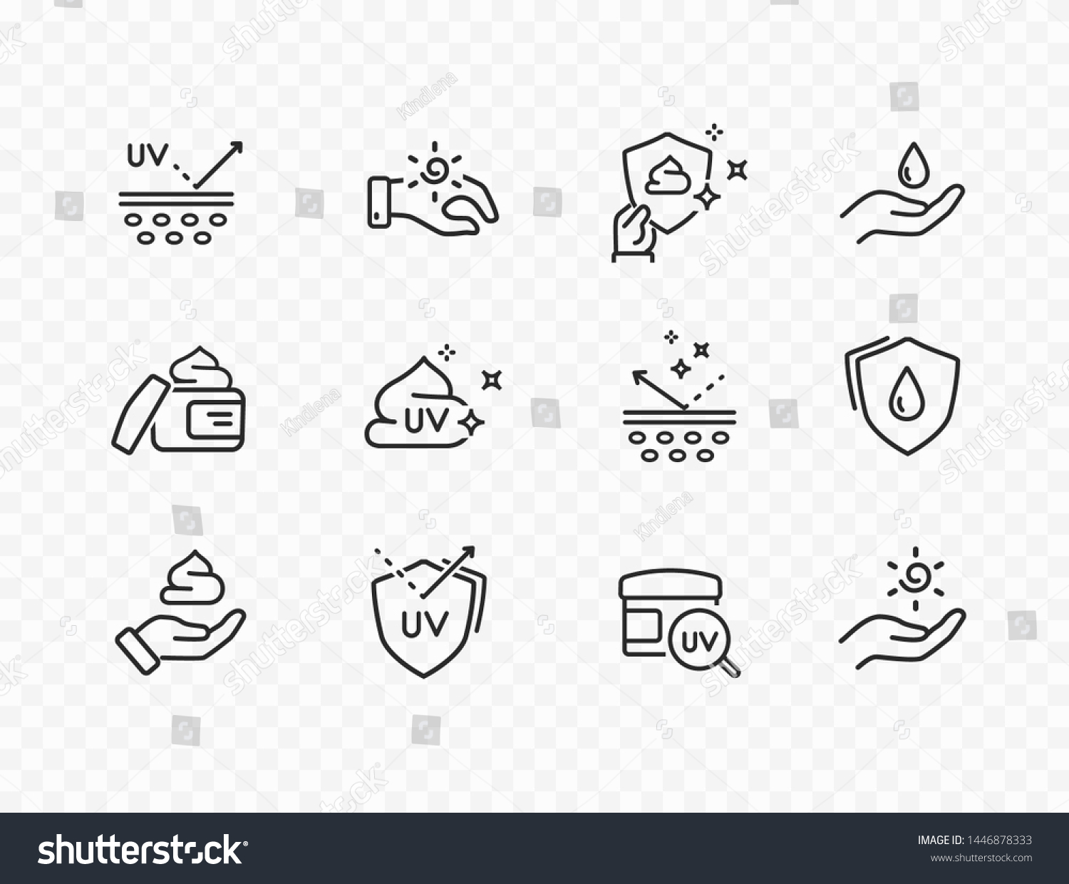 Skin care line icons isolated on transparent background. Vector set of sun lotion, medical cream elements, protection skin outline stroke icons. #1446878333