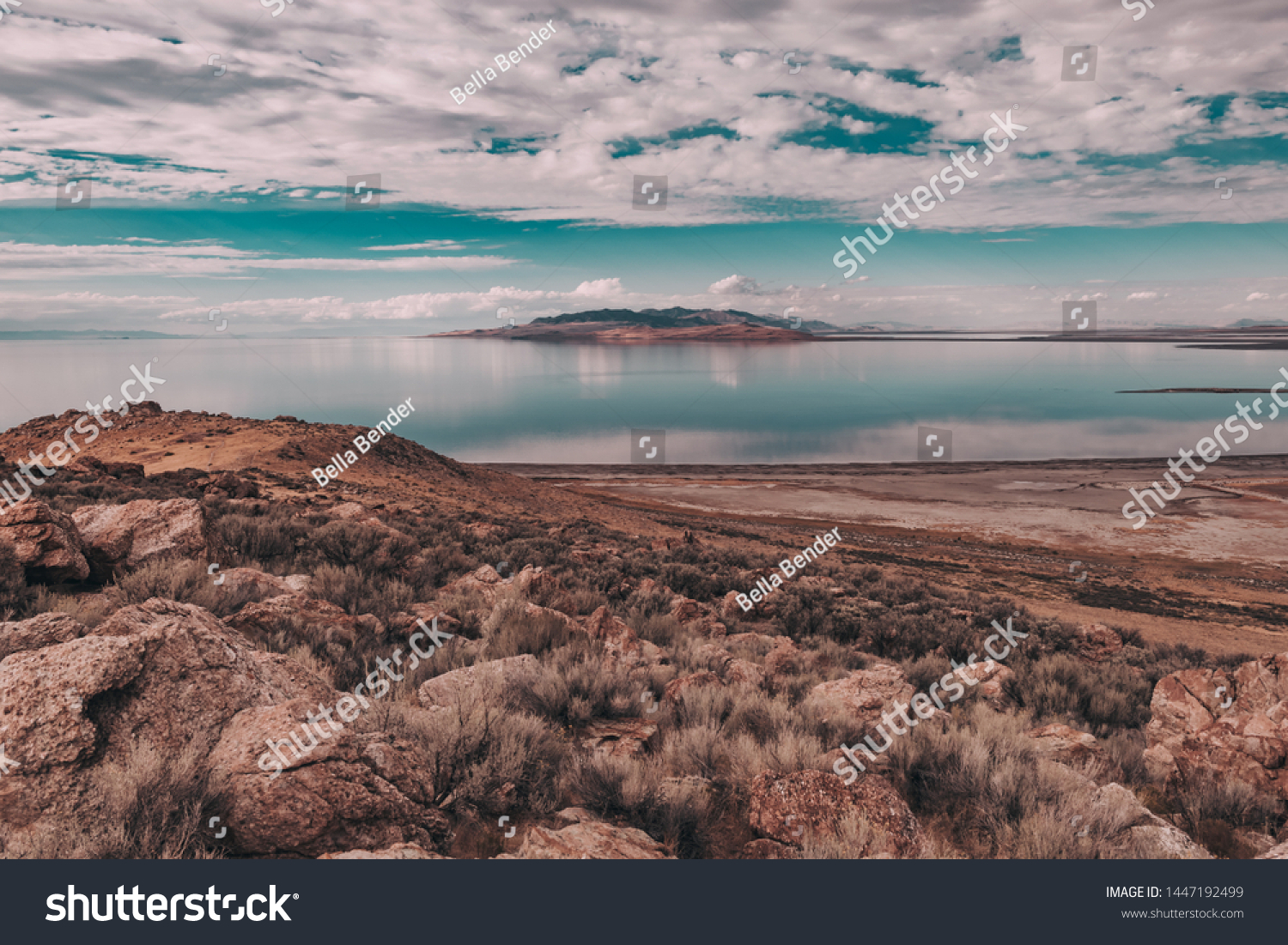 Views of Great Salt Lake at Antelope Island State Park, Utah, USA. Desert landscape, water reflections, dramatic clouds.   #1447192499
