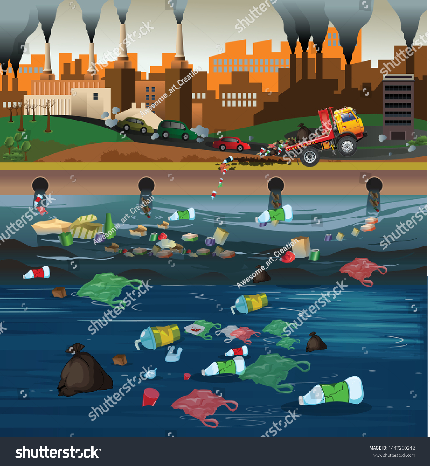 Vector illustration of water pollution. Plastic - Royalty Free Stock ...