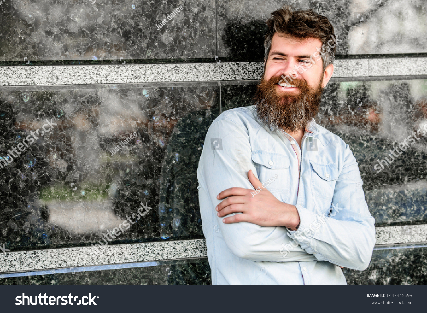 Beard grooming. Guy masculine appearance with long beard. Barber concept. Beard care. Man attractive bearded hipster posing outdoors. Masculinity and manliness. Confident posture of handsome man. #1447445693