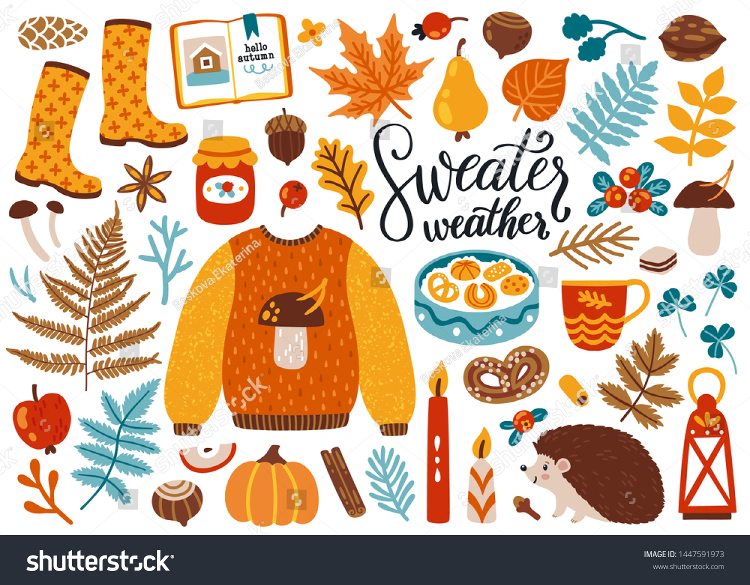 Vector set of autumn icons: sweater, falling leaves, cozy food, candles, book and cute hendgehog. Scrapbook collection of fall season elements. Bright background for harvest time. Autumn greeting card #1447591973