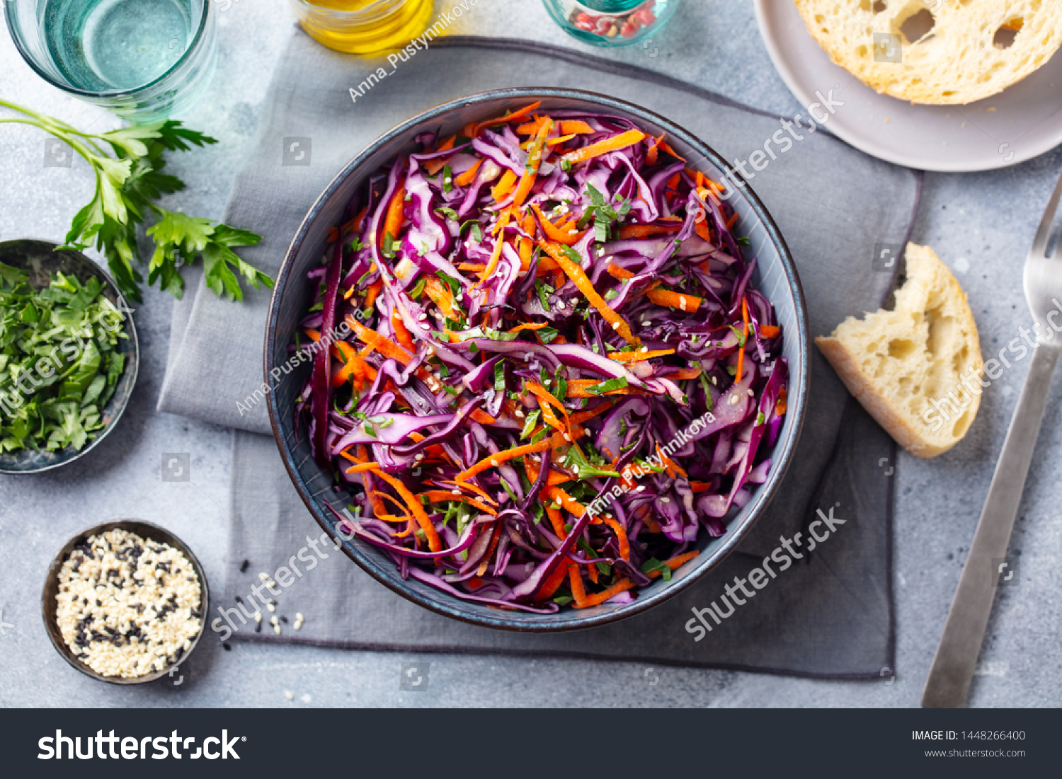 Red cabbage salad, Coleslaw in a bowl. Grey background. Top view. #1448266400
