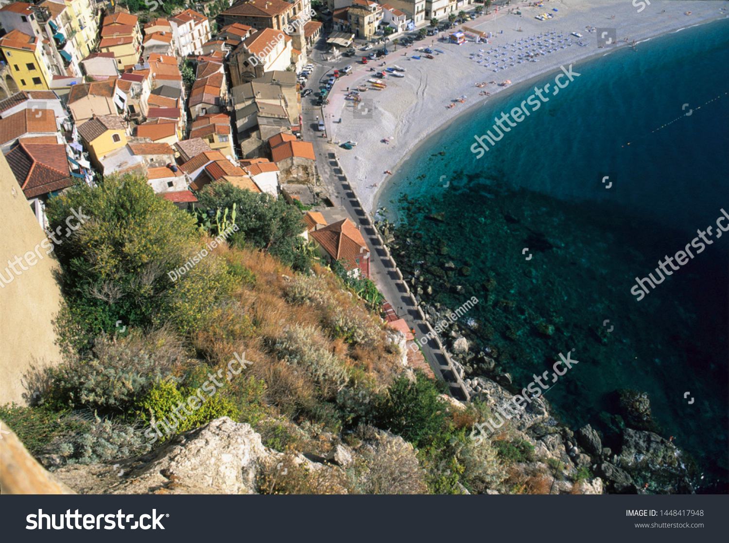 Scilla, district of Reggio Calabria, Calabria, Italy, view of the village with the Marina Grande beach seen from the castle #1448417948