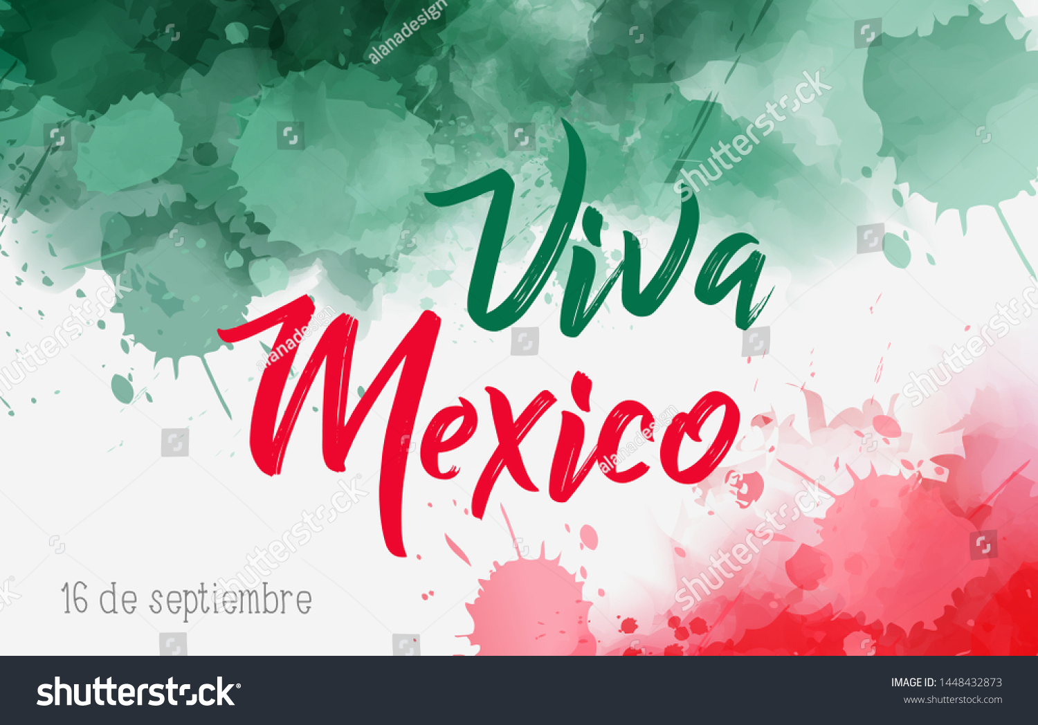 Viva Mexico holiday background with watercolored grunge design. Independence day concept background. Abstract watercolor splashes in Mexico flag colors #1448432873