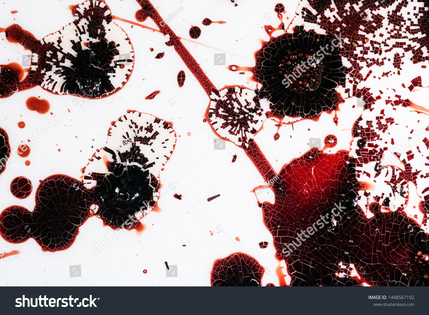 Realistic bloody splatters. Drop and blob of blood. Bloodstains. #1448567192