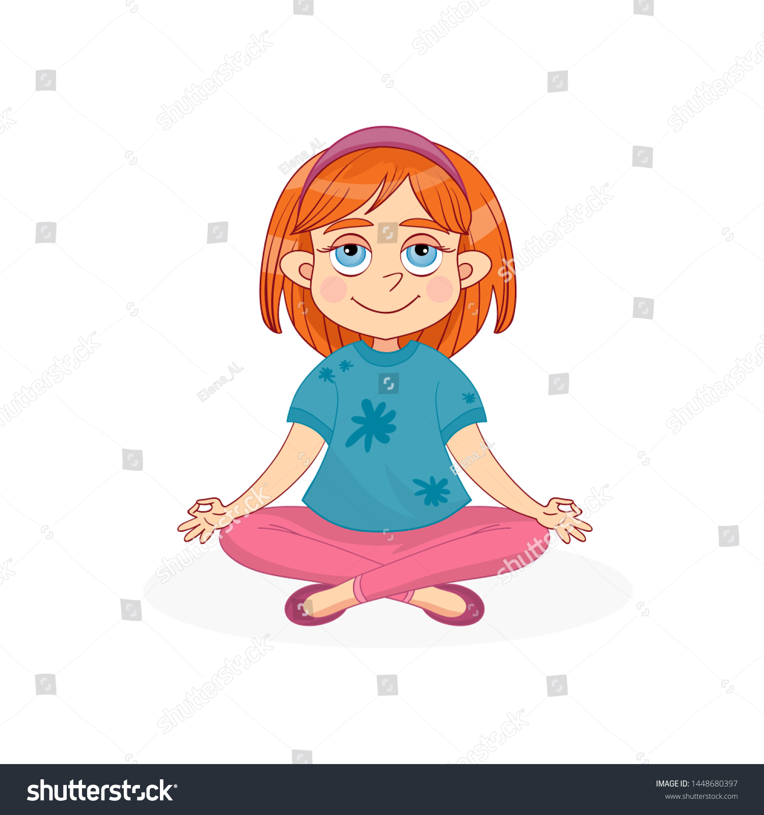 Cute little girl meditating. Hand-drawn cartoon - Royalty Free Stock ...