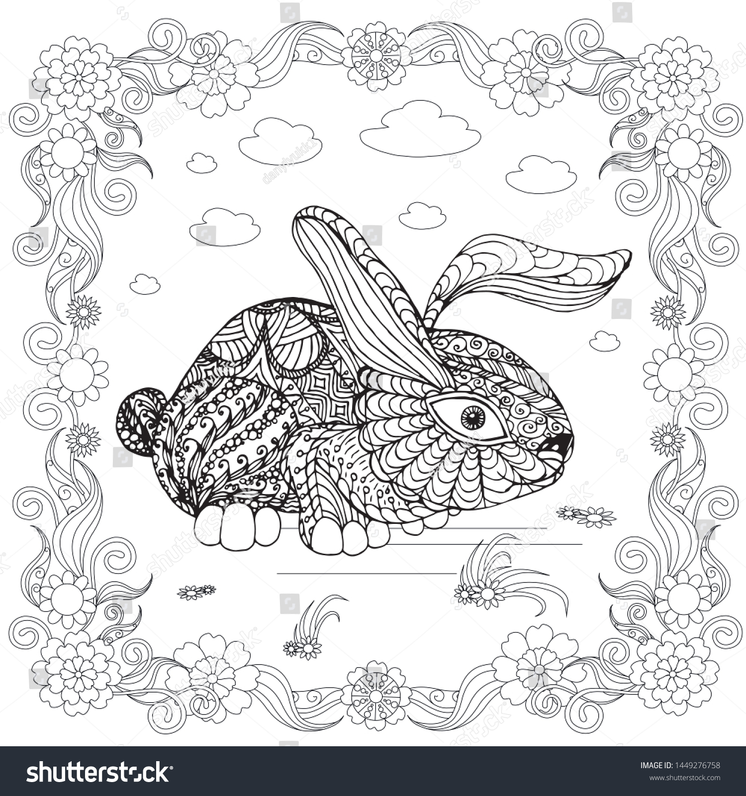 Doodle rabbit in floral frame, coloring page - Royalty Free Stock ...