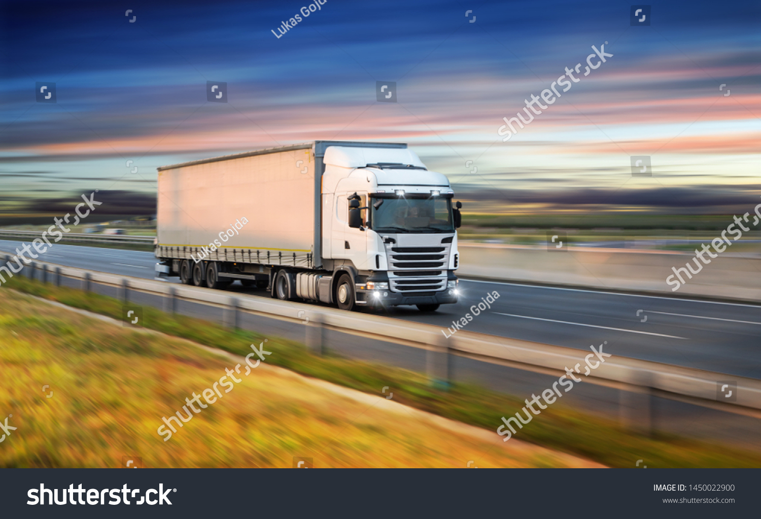 Truck with container on highway, cargo transportation concept. Shaving effect. #1450022900