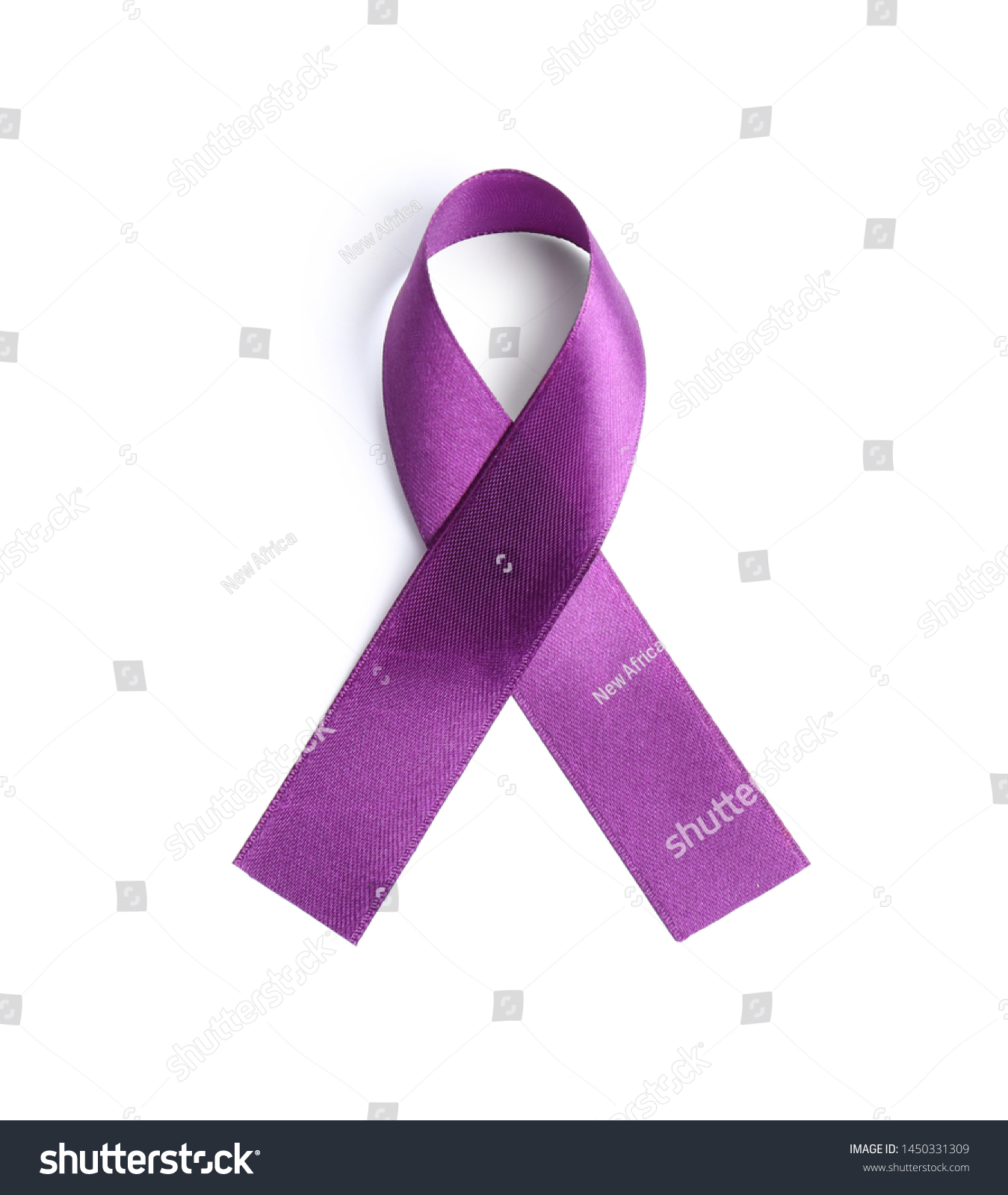 Purple awareness ribbon on white background, top view #1450331309