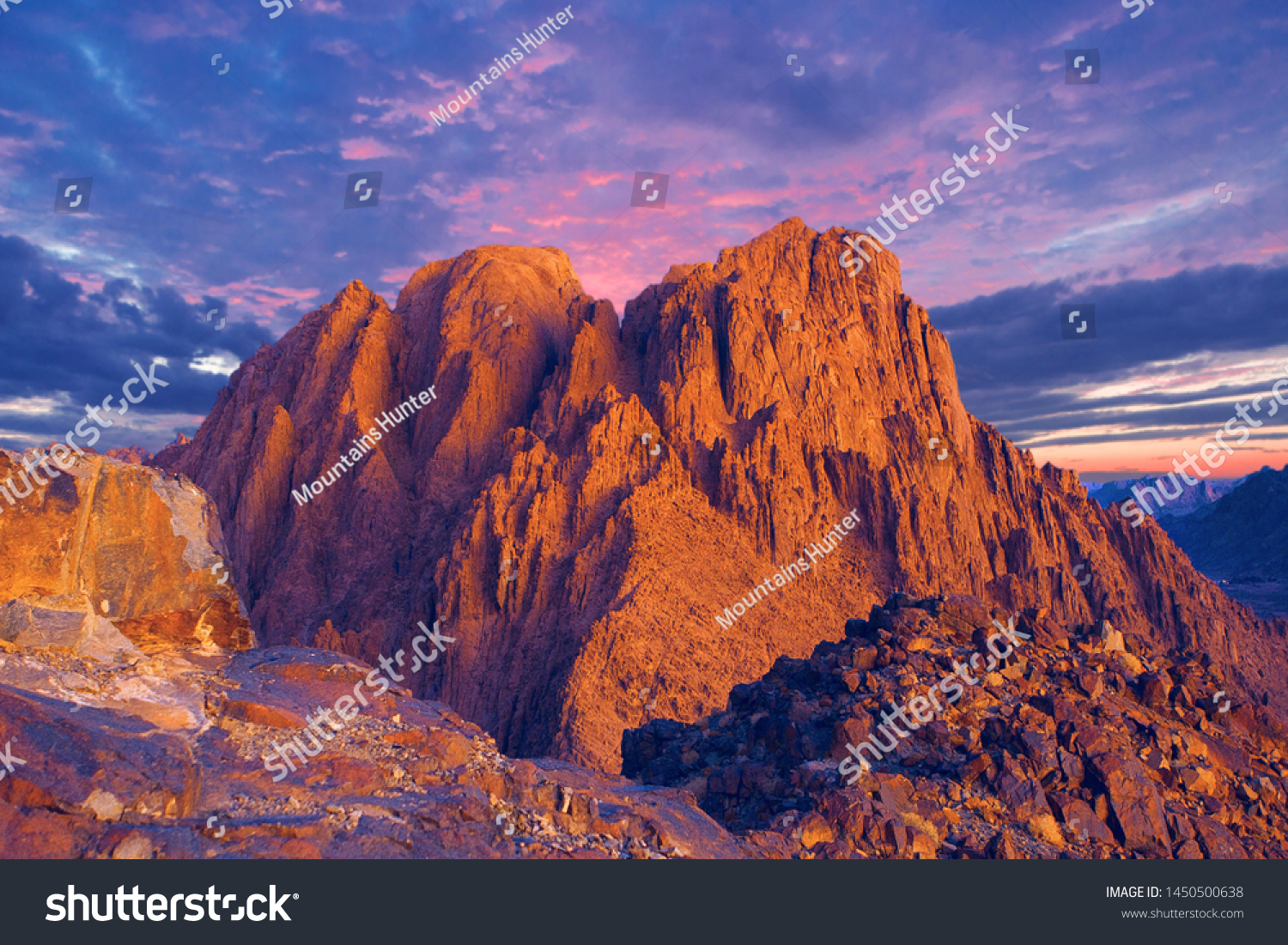 Amazing Sunrise at Sinai Mountain, Beautiful dawn in Egypt, early morning view of the top of Mount Moses #1450500638