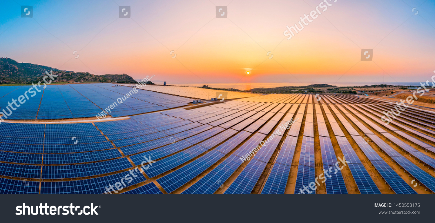 Aerial view of Solar panel, photovoltaic, alternative electricity source - concept of sustainable resources on a sunny day, Phuoc Dinh, Ninh Phuoc, Ninh Thuan, Vietnam #1450558175
