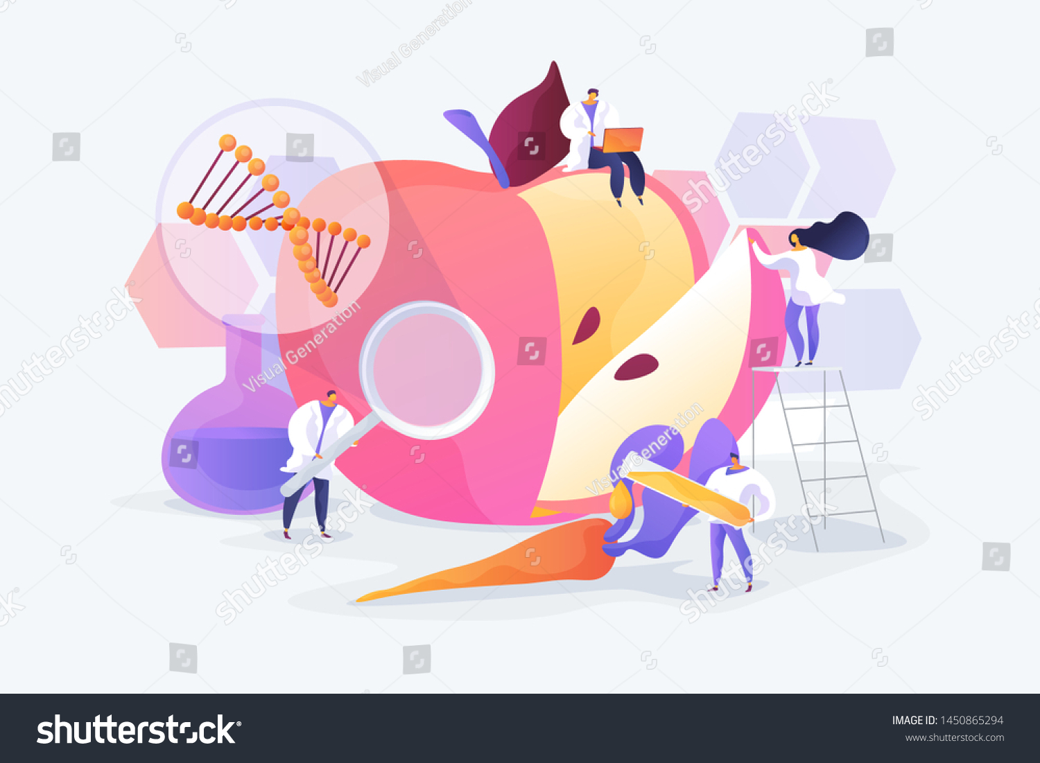 Bioengineering, biotechnology. Food additives. Genetic engineering. Genetically modified foods, GM foods, genetically engineered foods concept. Vector isolated concept creative illustration #1450865294
