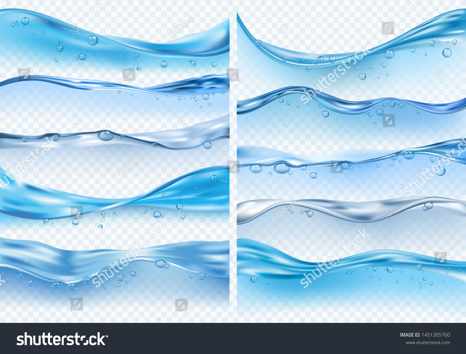 Wave realistic splashes. Liquid water surface with bubbles and splashes ocean or sea vector backgrounds on transparent background #1451305760