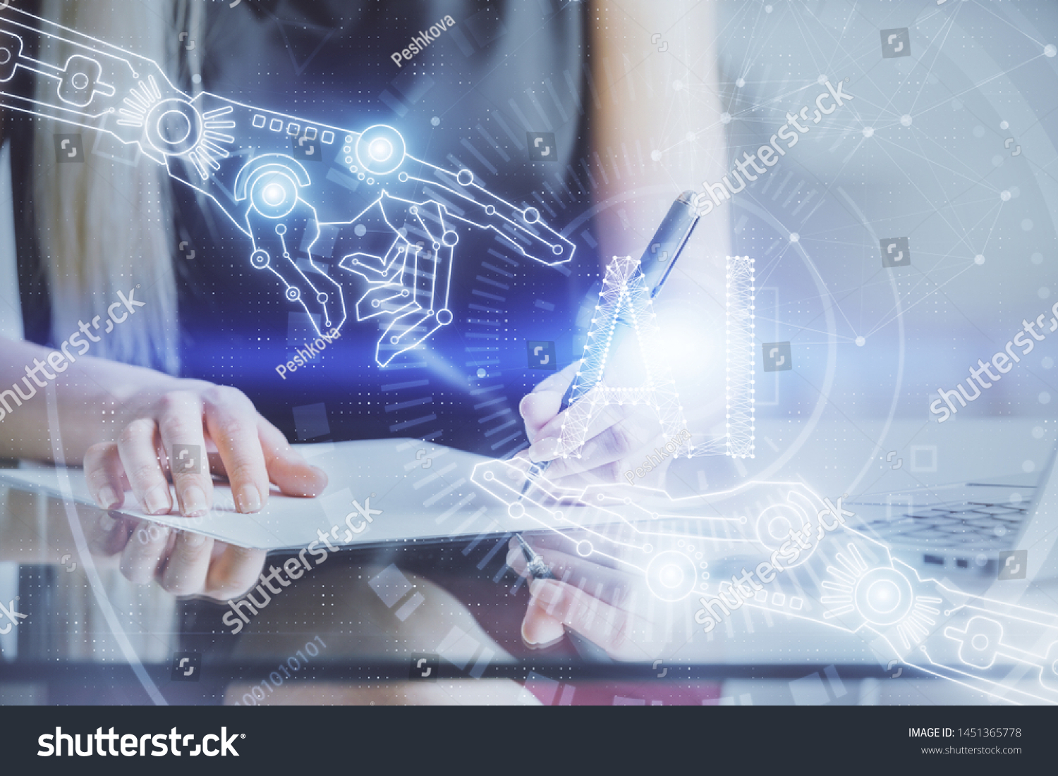 Double exposure of woman's writing hand on background with data technology hud. Big data concept. #1451365778