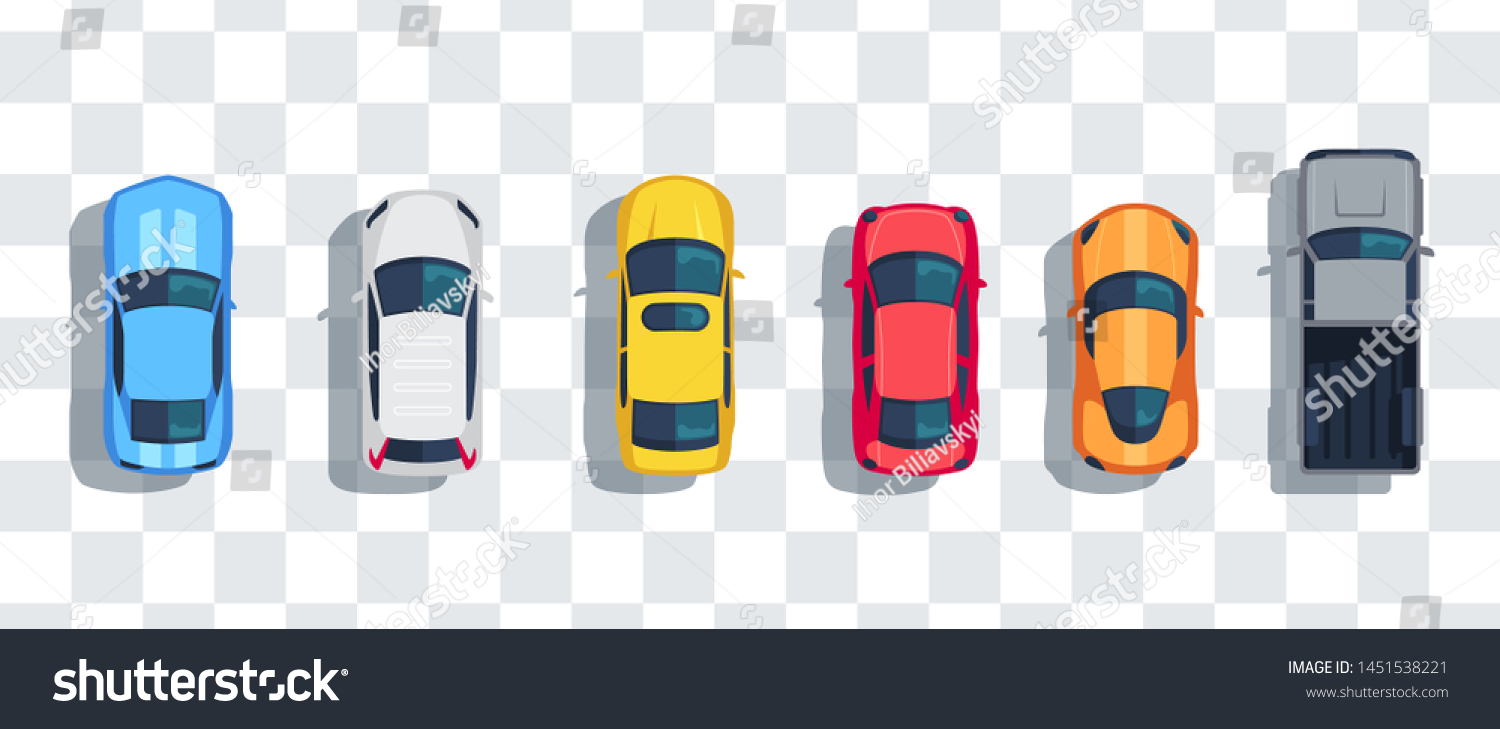 Cars set from above, top view isolated. Cute beautiful cartoon transport with shadows. Modern urban civilian vehicle. View from the bird's eye. Realistic car design. Flat style vector illustration. #1451538221