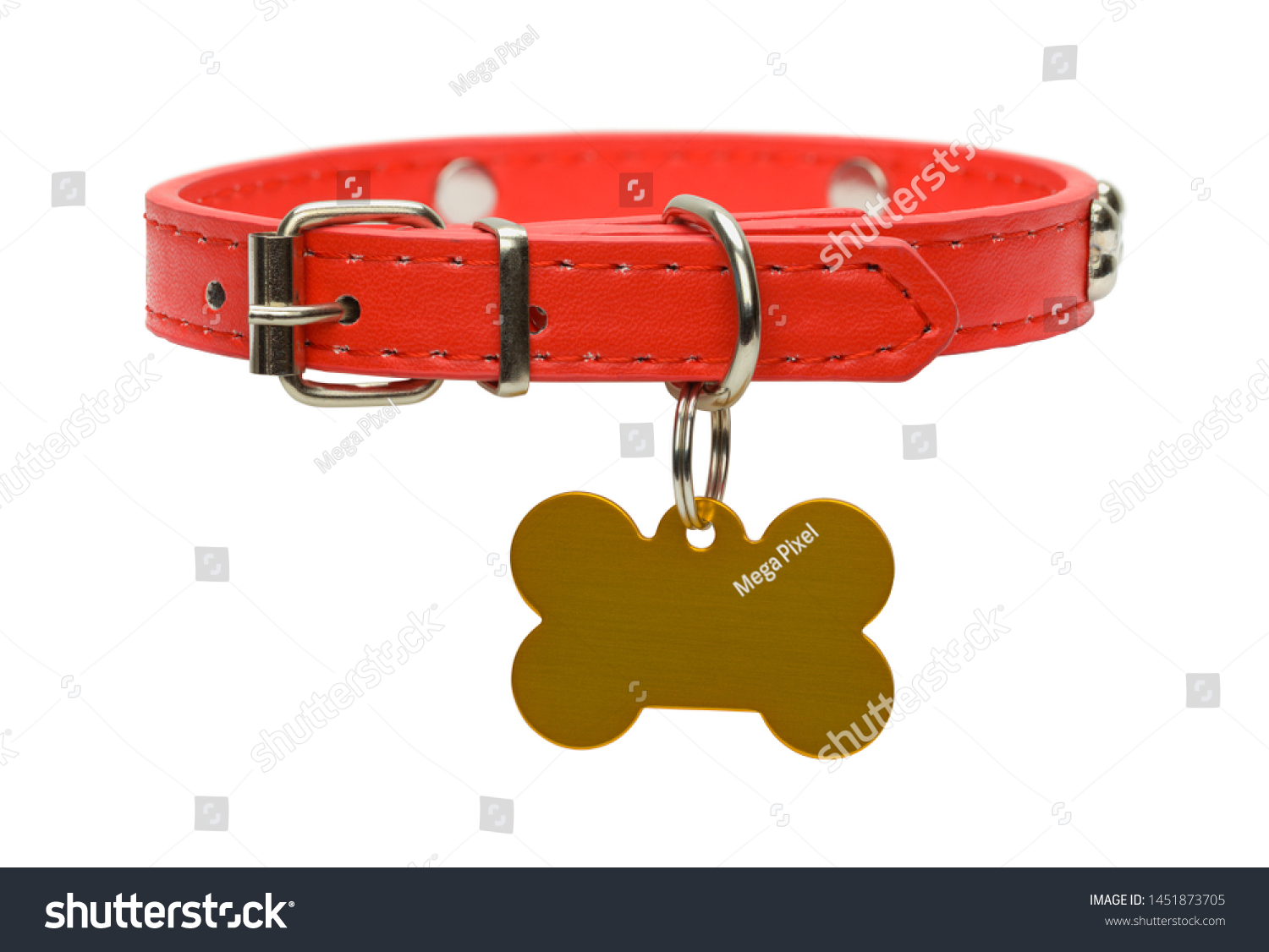 Red Leather Dog Collar with Gold Dog Tag Isolated on White. #1451873705