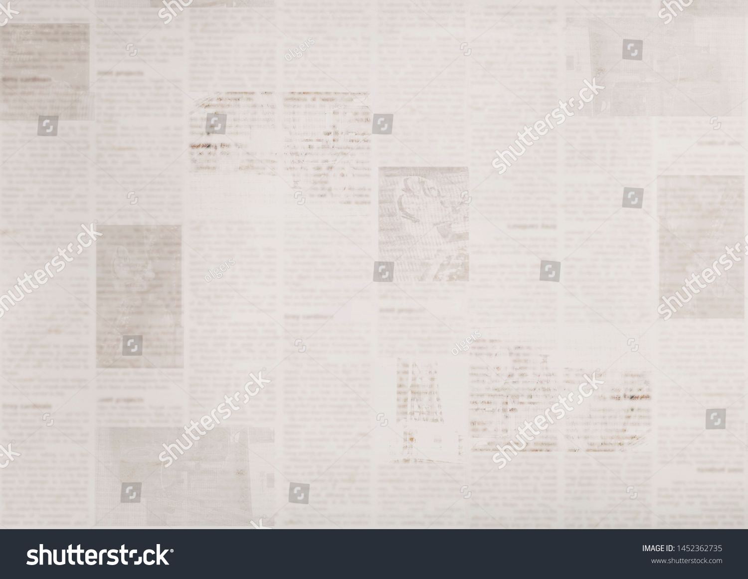 Vintage grunge newspaper paper texture background. Blurred old news background. A blur unreadable aged newspapers page with place for text. Gray brown beige collage news pages background. #1452362735