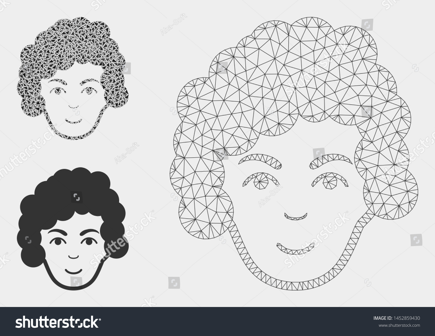 Mesh hairstyle head model with triangle mosaic icon. Wire carcass triangular mesh of hairstyle head. Vector mosaic of triangle elements in variable sizes, and color shades. #1452859430