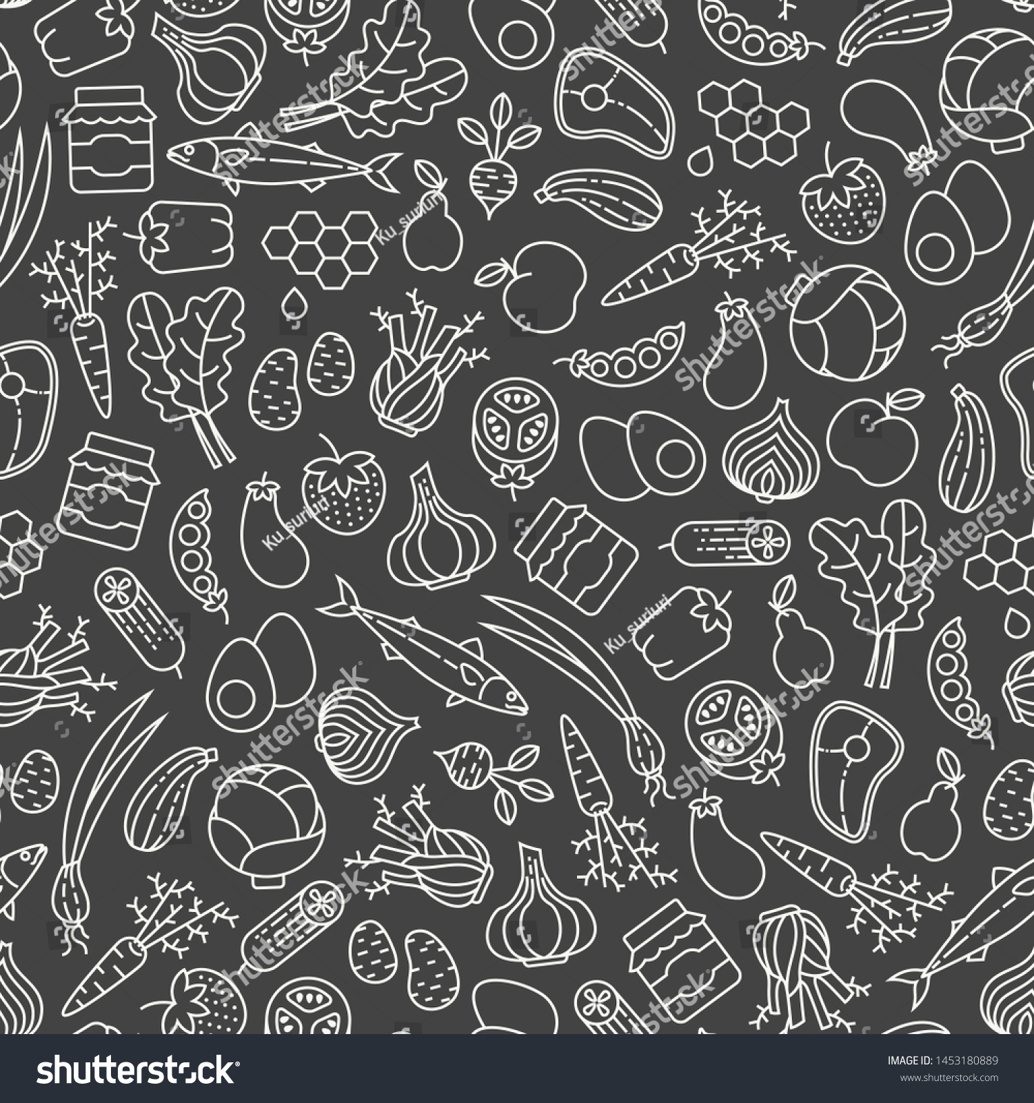 Farmer's market seamless pattern with line icons. Fruits, vegetables, honey, eggs, meat and fish #1453180889