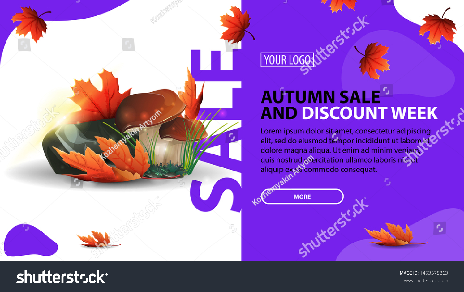 Autumn sale and discount week, horizontal discount banner for your website with modern design, mushrooms and autumn leaves #1453578863