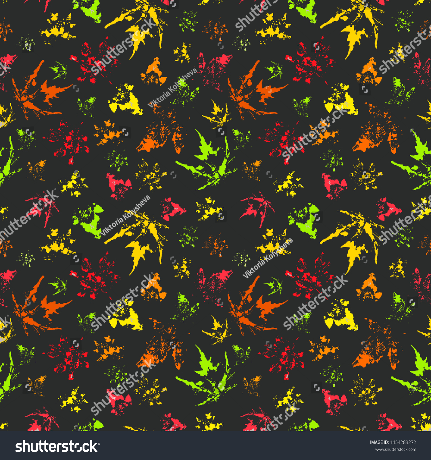 Seamless pattern of autumn leaves on dark green background, isolated on white background #1454283272