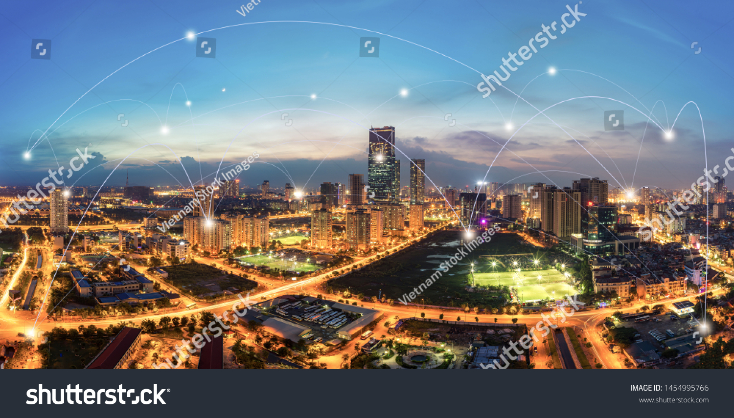 Smart city and wireless communication network concept. Digital network connection lines of Hanoi city #1454995766
