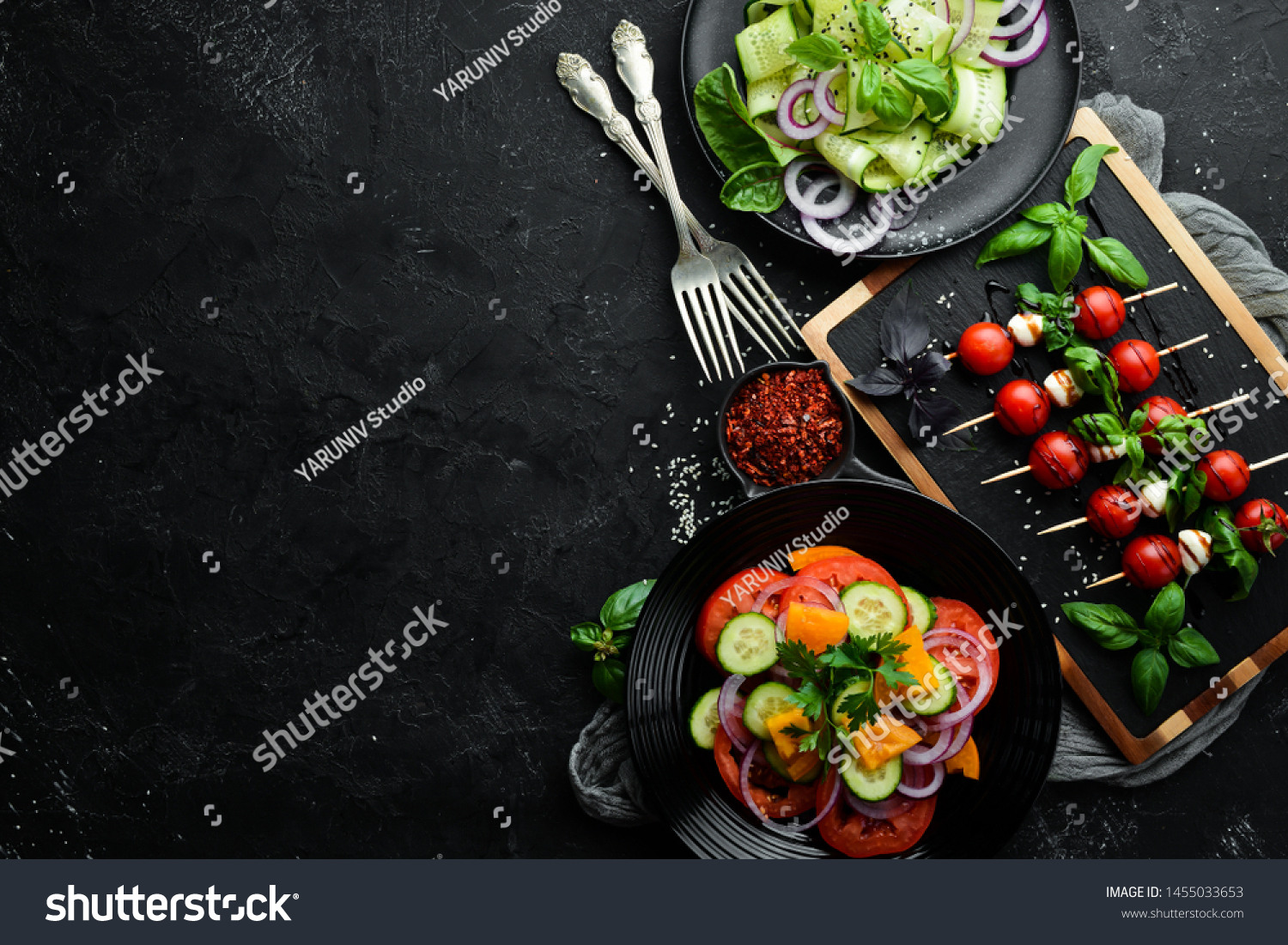 Assortment of dishes of European cuisine. Background food. Top view. Free space for your text. #1455033653