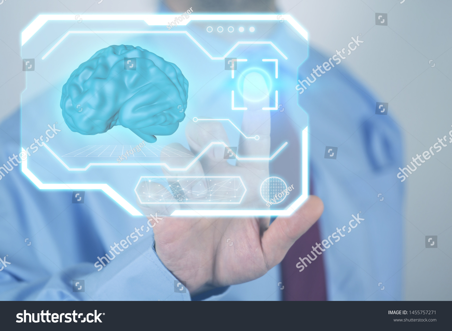 A man touches a finger in a virtual screen digital by id touch. Photo ai
 futuristic technology - artificial intelligence and deep learning. #1455757271