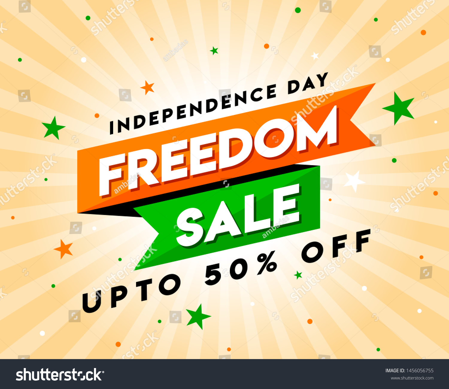 Freedom Sale on Independence Day of India, Concept, Template, Banner, Logo Design, Icon, Poster, Unit, Label, Web Header, Mnemonic with Celebration orange Rays Background - Vector, illustration #1456056755