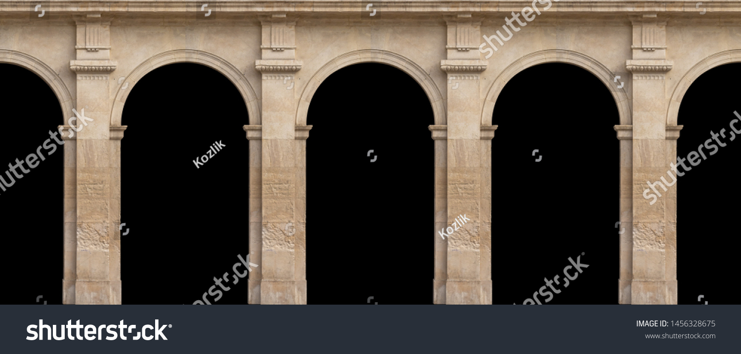 Elements of architectural decorations of buildings, arches and columns, door and window openings. On the streets in Catalonia, public places. Black and white retro style photo. #1456328675