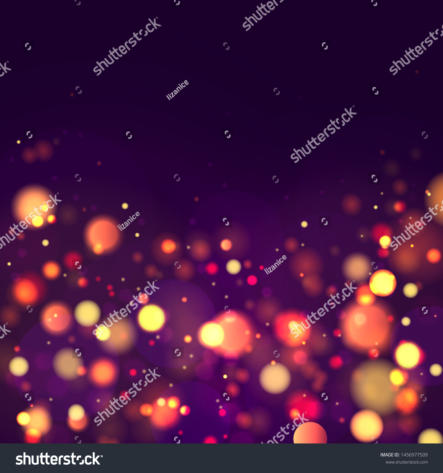 Festive purple and golden luminous background with colorful lights bokeh. Christmas concept Xmas greeting card. Magic holiday poster, banner. Night bright gold sparkles Vector Light abstract #1456977509