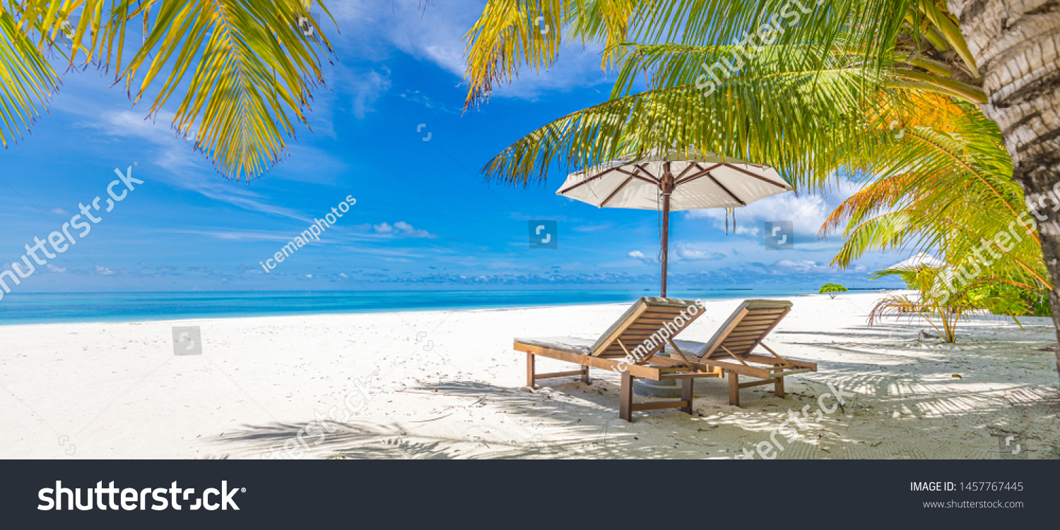 Beautiful tropical beach banner. White sand and coco palms travel tourism wide panorama background concept. Amazing beach landscape. Boost up color process. Luxury island resort vacation or holiday #1457767445