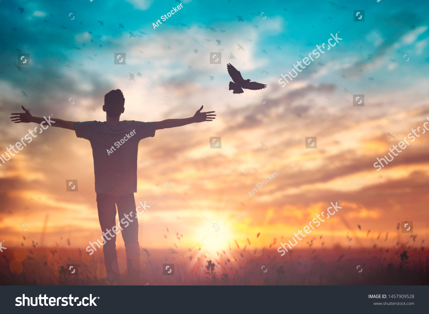 Happy man worship for peace on morning view. Christian inspire praise God on good friday background. Self confidence empowerment on  courage love concept strength wellbeing wisdom financial #1457909528