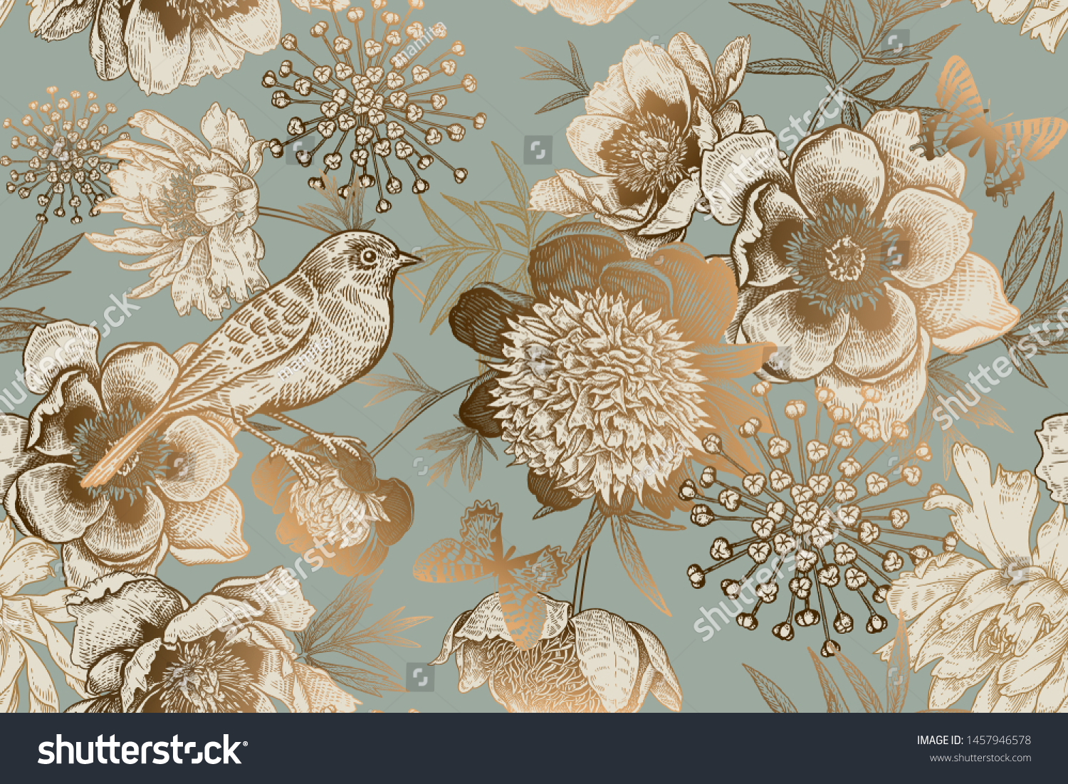 Luxury ornate pattern for creating textiles, wallpaper, paper. Print gold foil on a blue background. Seamless background with garden flowers peonies, bird and butterflies. Vintage. Vector Illustration #1457946578