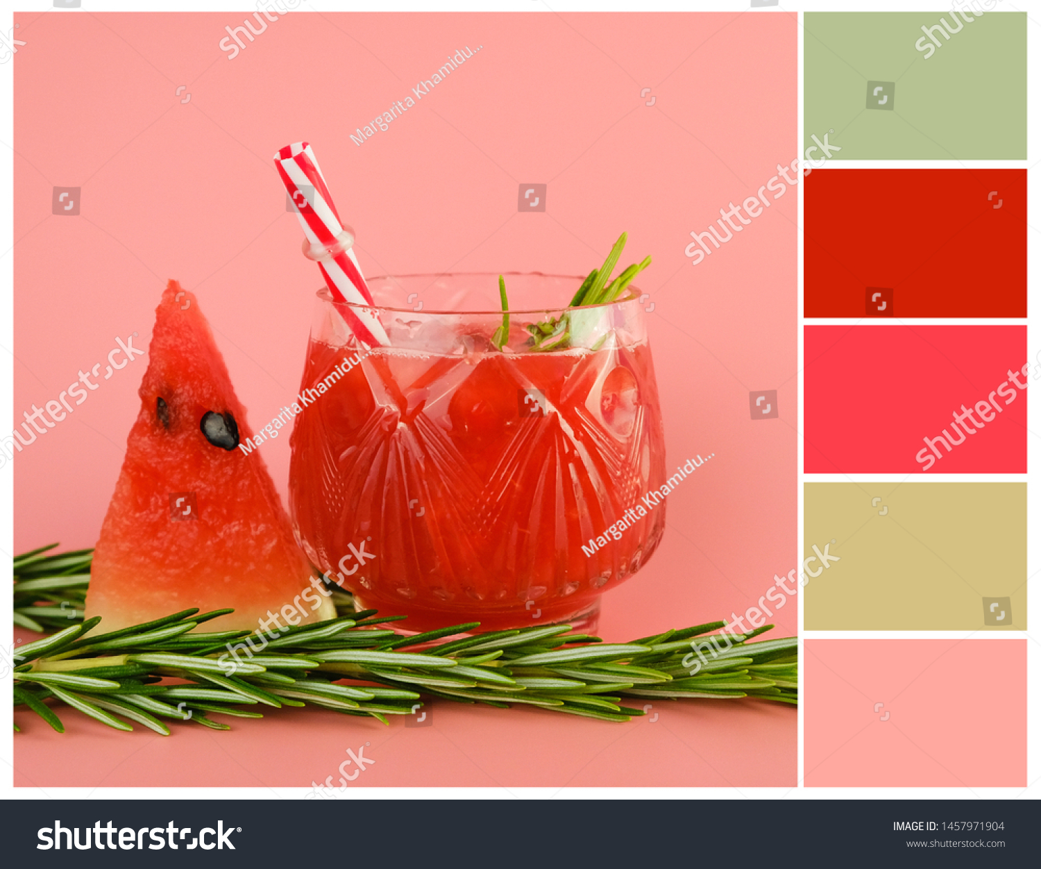 Harmonious color combinations. Color palette (pink, red, green).  Watermelon colour swatch. #1457971904