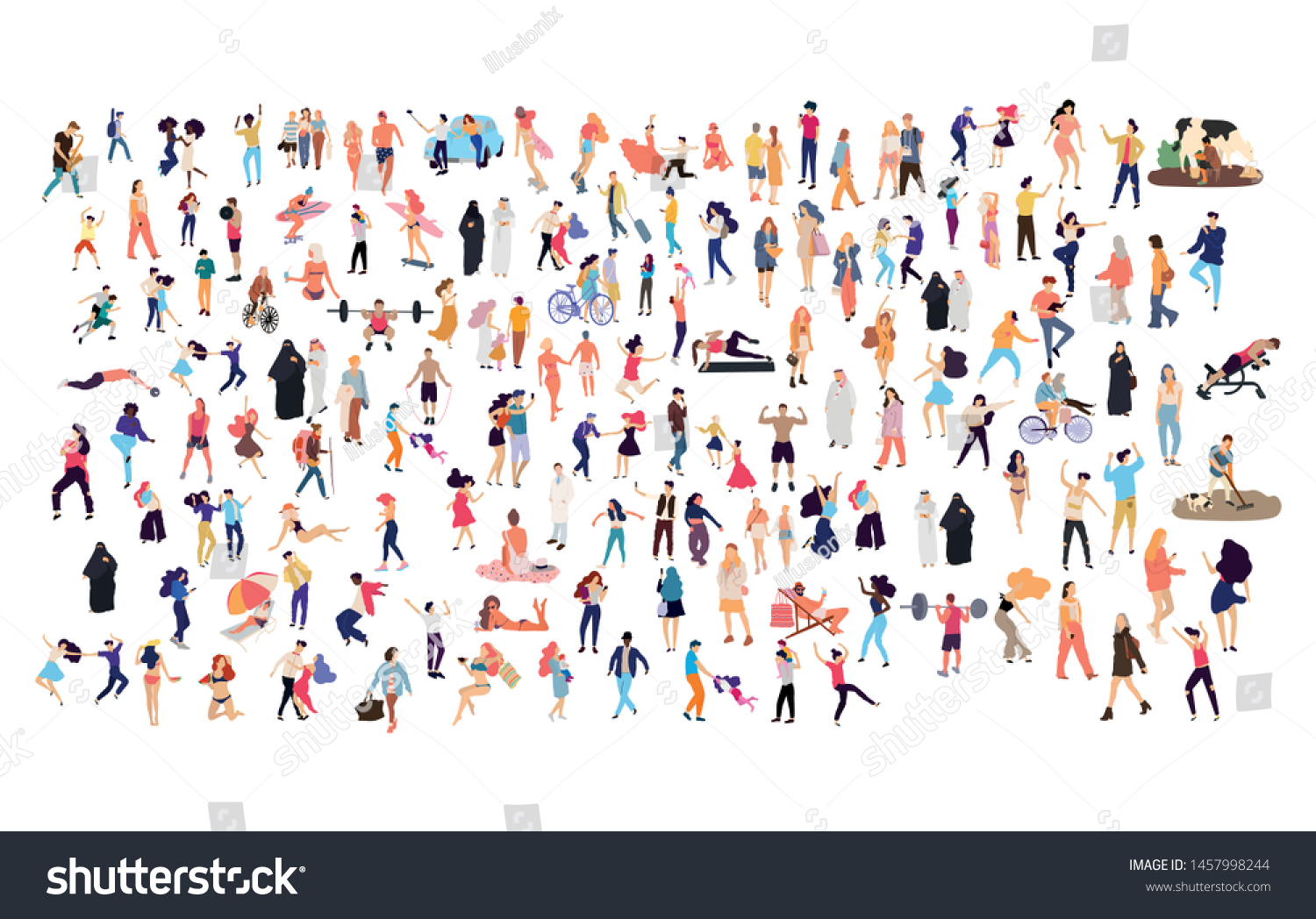 Crowd of flat illustrated people. Dancing, surfing, traveling, walking, working, playing, doing sport, fashion people, Arab, couple , doctors set. Vector big set #1457998244