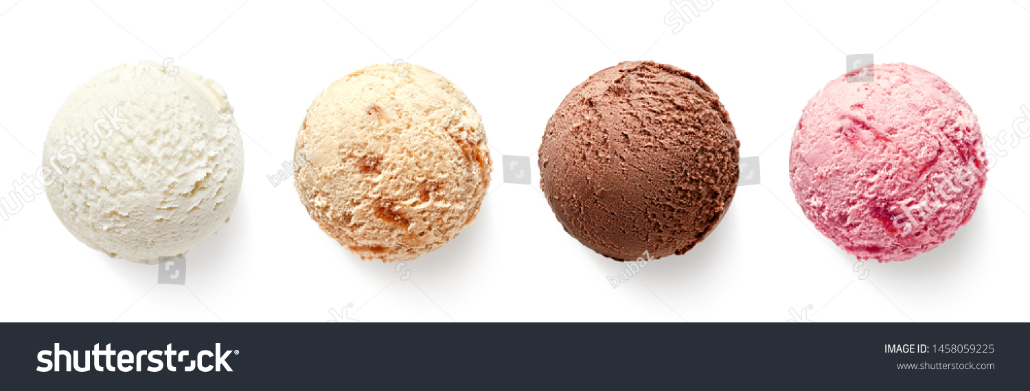 Set of four various ice cream balls or scoops isolated on white background. Top view. Vanilla, strawberry, chocolate and caramel flavor #1458059225