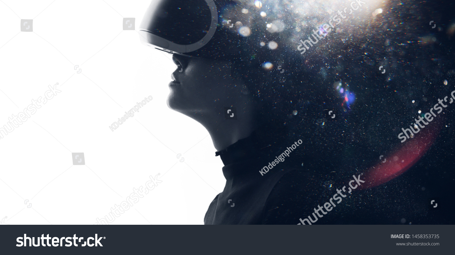 Double exposure of female face. Abstract black and white woman portrait. Digital art. Girl in glasses of virtual reality. Augmented reality, dream, future technology, game concept. VR. #1458353735