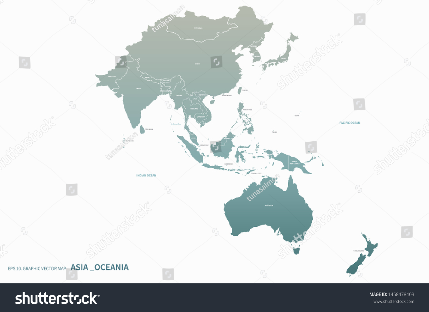 asia map. oceania map. high quality vector countries map of South pacific and asia. asia countries #1458478403